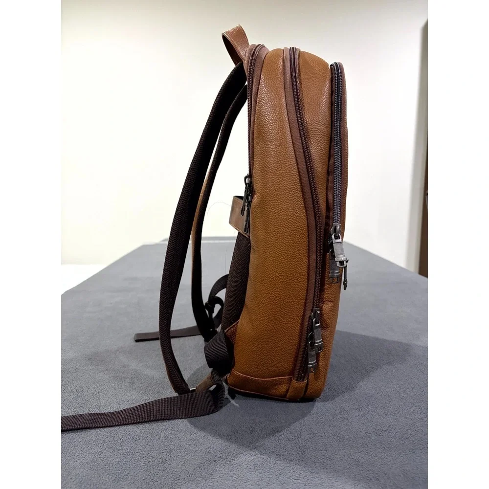 Samsonite Unisex Slim Backpack Brown Cognac Grain Leather Padded Mesh Back